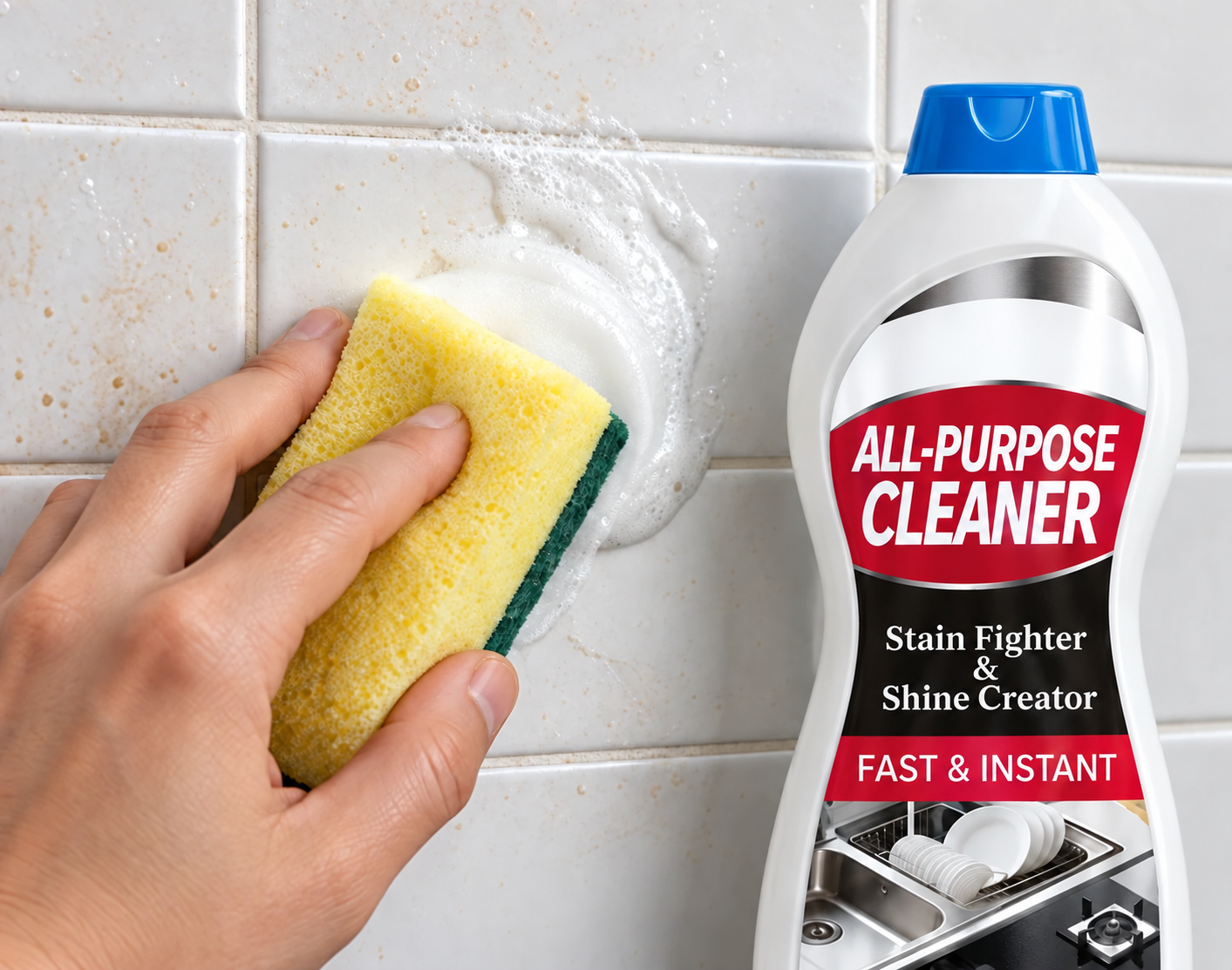 Sponge applying cream to tile beside the product bottle