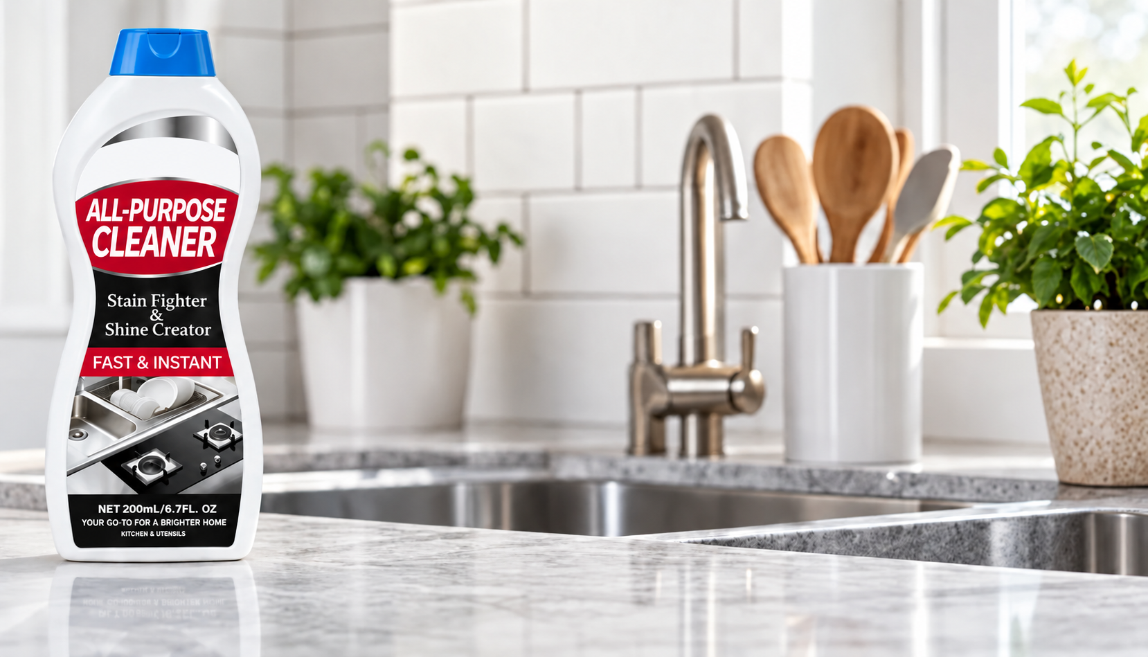 SCARVAGE cleaning cream beside a sink in a bright kitchen