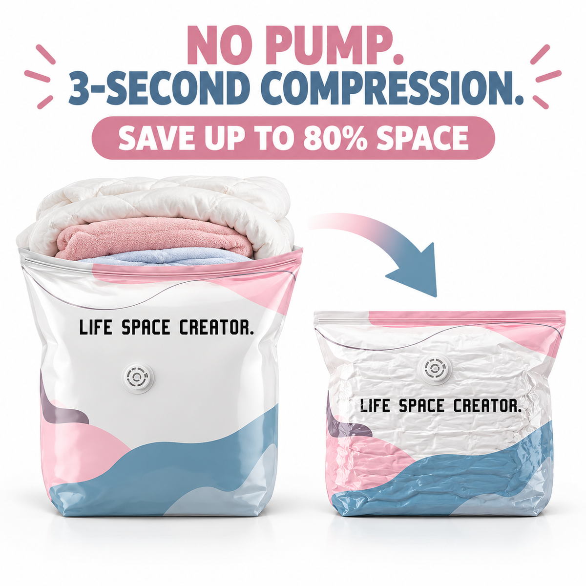 No-Pump Vacuum Storage Bags — Save Up to 80% Space