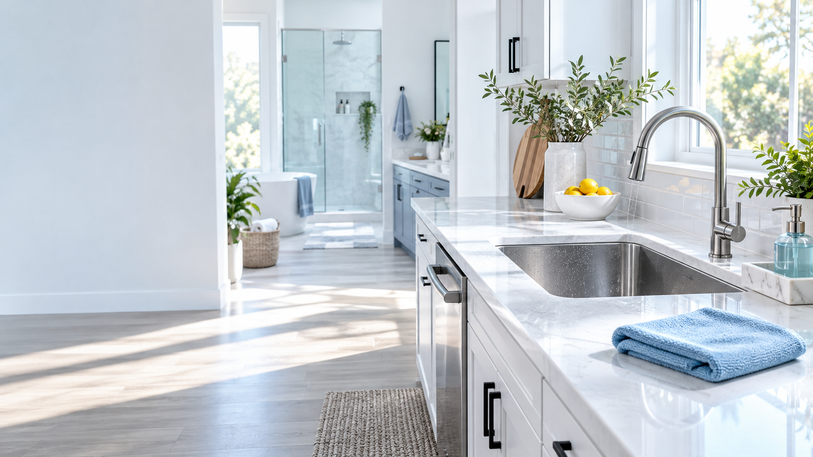 Bright, freshly cleaned kitchen and bathroom